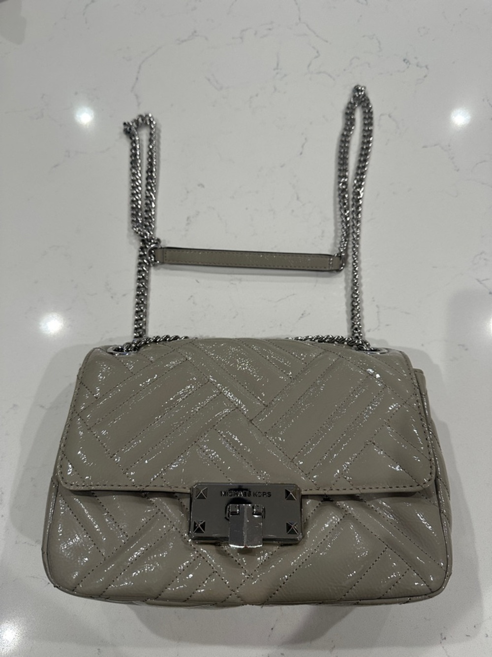 Michael Kors Quilted Patent Shoulder Bag in Taupe Gray